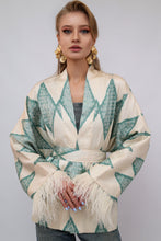 Load image into Gallery viewer, 85% Silk Green Romb Mini Kimono With Feathers