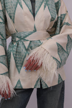Load image into Gallery viewer, 85% Silk Green Romb Mini Kimono With Feathers