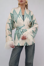Load image into Gallery viewer, 85% Silk Green Romb Mini Kimono With Feathers