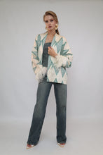 Load image into Gallery viewer, 85% Silk Green Romb Mini Kimono With Feathers