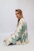 Load image into Gallery viewer, 85% Silk Green Romb Mini Kimono With Feathers