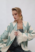 Load image into Gallery viewer, 85% Silk Green Romb Mini Kimono With Feathers