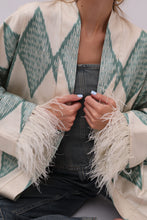 Load image into Gallery viewer, 85% Silk Green Romb Mini Kimono With Feathers