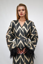 Load image into Gallery viewer, 85% Silk Black Maxi Kimono With Feathers "Midnight Enchantment"