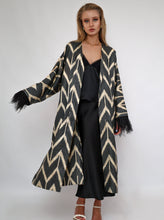 Load image into Gallery viewer, 85% Silk Black Maxi Kimono With Feathers "Midnight Enchantment"