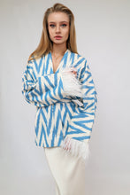 Load image into Gallery viewer, 100% Cotton Blue Mini Zig Zag Kimono With Feathers