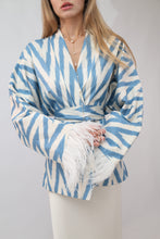Load image into Gallery viewer, 100% Cotton Blue Mini Zig Zag Kimono With Feathers