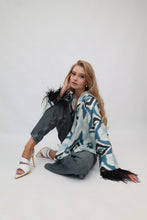 Load image into Gallery viewer, 85% Silk Blue Mini Kimono With Black Feathers