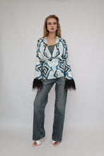 Load image into Gallery viewer, 85% Silk Blue Mini Kimono With Black Feathers