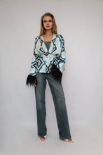 Load image into Gallery viewer, 85% Silk Blue Mini Kimono With Black Feathers