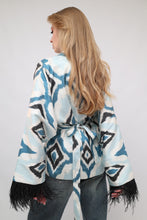 Load image into Gallery viewer, 85% Silk Blue Mini Kimono With Black Feathers