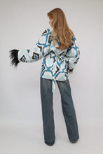 Load image into Gallery viewer, 85% Silk Blue Mini Kimono With Black Feathers