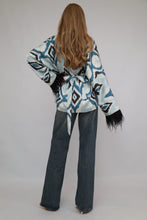Load image into Gallery viewer, 85% Silk Blue Mini Kimono With Black Feathers