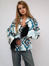 Load image into Gallery viewer, 85% Silk Blue Mini Kimono With Black Feathers