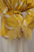Load image into Gallery viewer, 85 % Silk Yellow Mini Kimono With Feathers