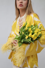 Load image into Gallery viewer, 85 % Silk Yellow Mini Kimono With Feathers
