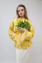 Load image into Gallery viewer, 85 % Silk Yellow Mini Kimono With Feathers