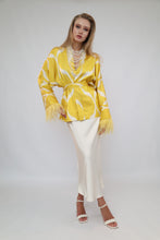 Load image into Gallery viewer, 85 % Silk Yellow Mini Kimono With Feathers