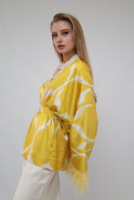 Load image into Gallery viewer, 85 % Silk Yellow Mini Kimono With Feathers