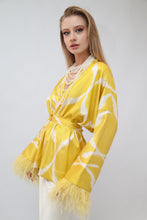 Load image into Gallery viewer, 85 % Silk Yellow Mini Kimono With Feathers