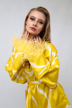 Load image into Gallery viewer, 85 % Silk Yellow Mini Kimono With Feathers