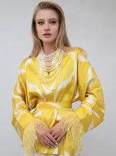 Load image into Gallery viewer, 85 % Silk Yellow Mini Kimono With Feathers