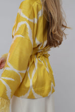 Load image into Gallery viewer, 85 % Silk Yellow Mini Kimono With Feathers