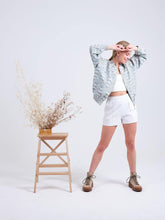 Load image into Gallery viewer, blue silk ikat bomber jacket