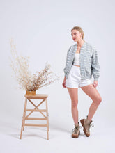 Load image into Gallery viewer, blue silk ikat bomber jacket