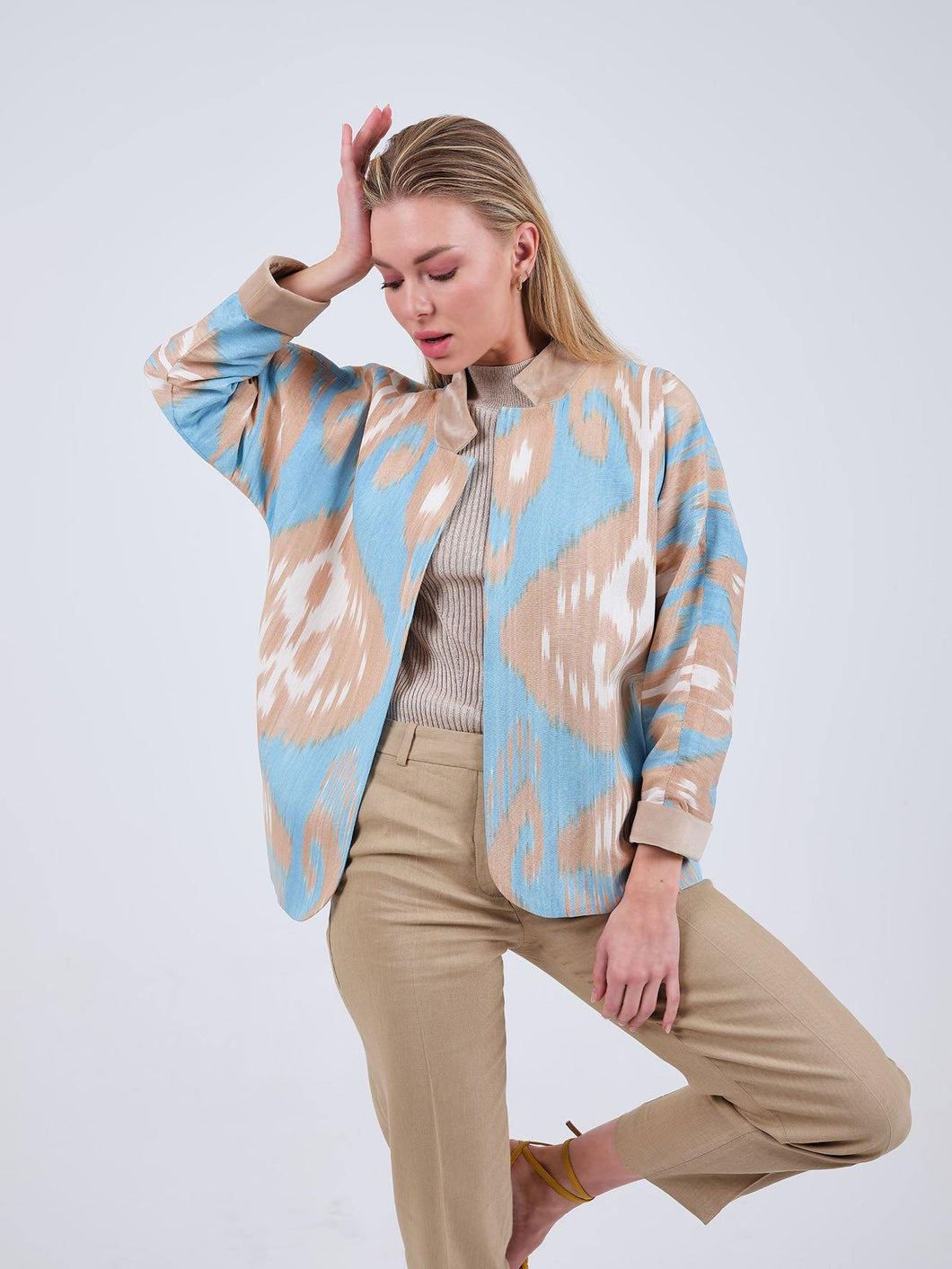 silk and cotton blue brown ikat jacket